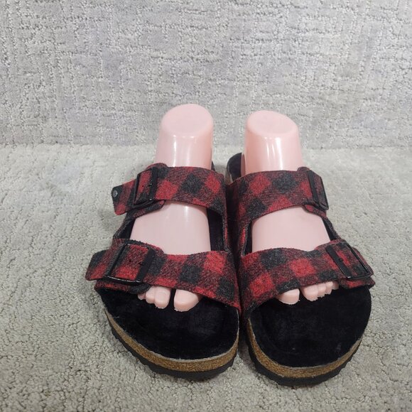 Birkenstock Arizona Shearling Mens Size EU 43 US 10 Rivet Plaid Red Slide Sandal - Picture 3 of 12